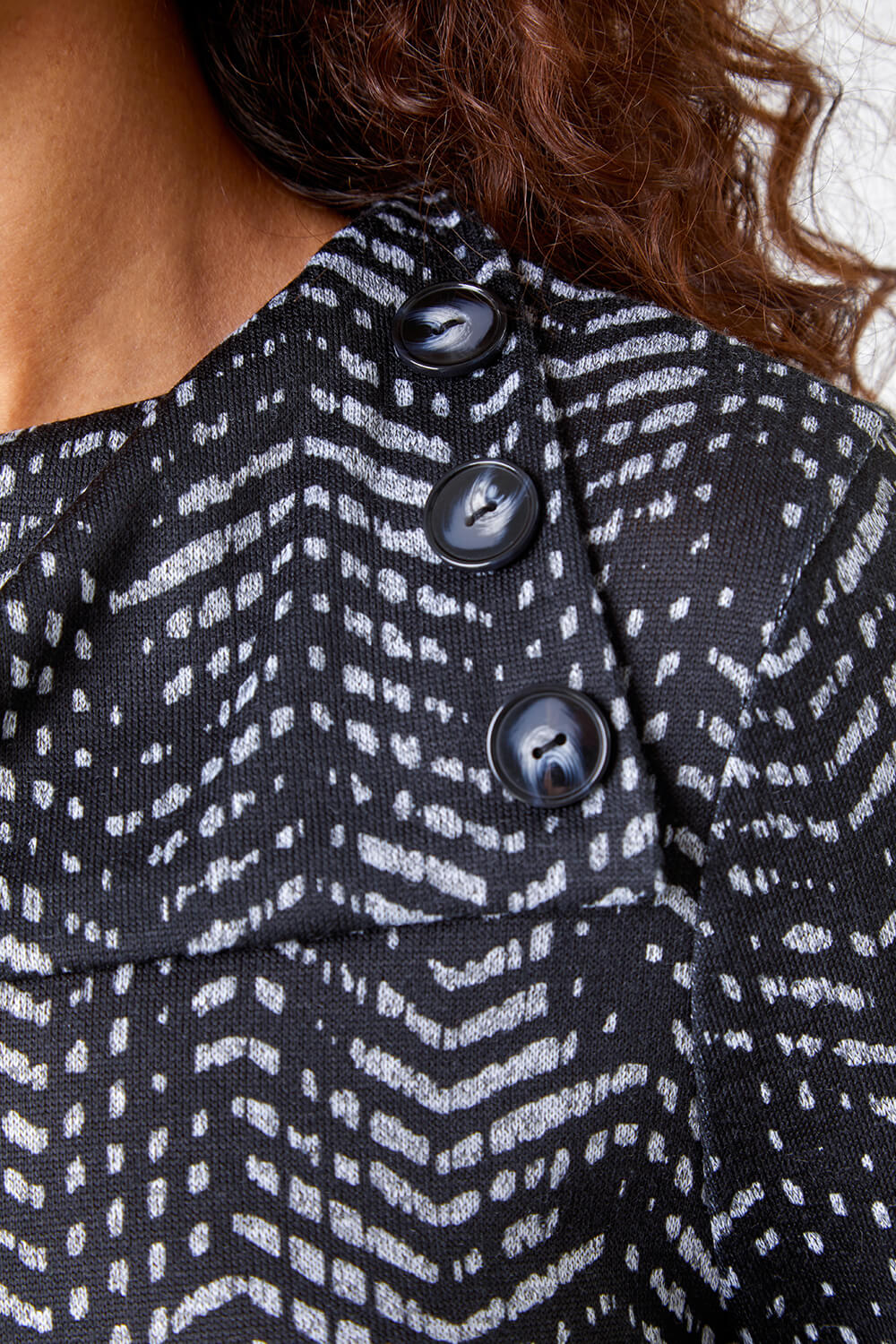Black Abstract Print Button Detail Stretch Top, Image 4 of 5