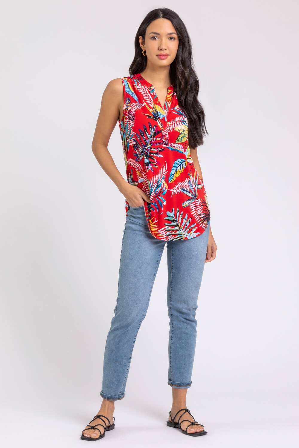 Red Tropical Print Stretch Jersey Top, Image 5 of 5