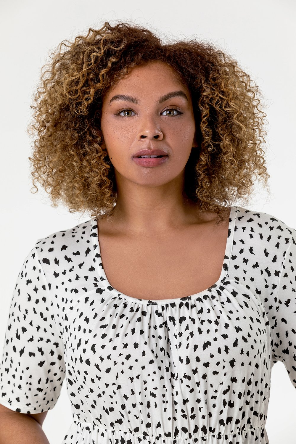 Ivory  Curve Spot Print Gathered Top, Image 1 of 4