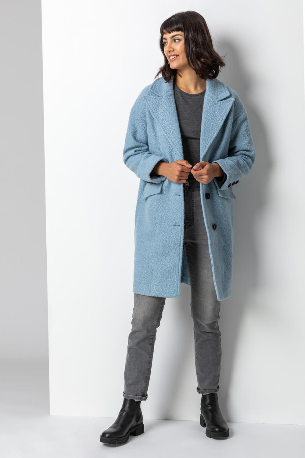 Light Blue  Single Breasted Longline Textured Coat, Image 3 of 5