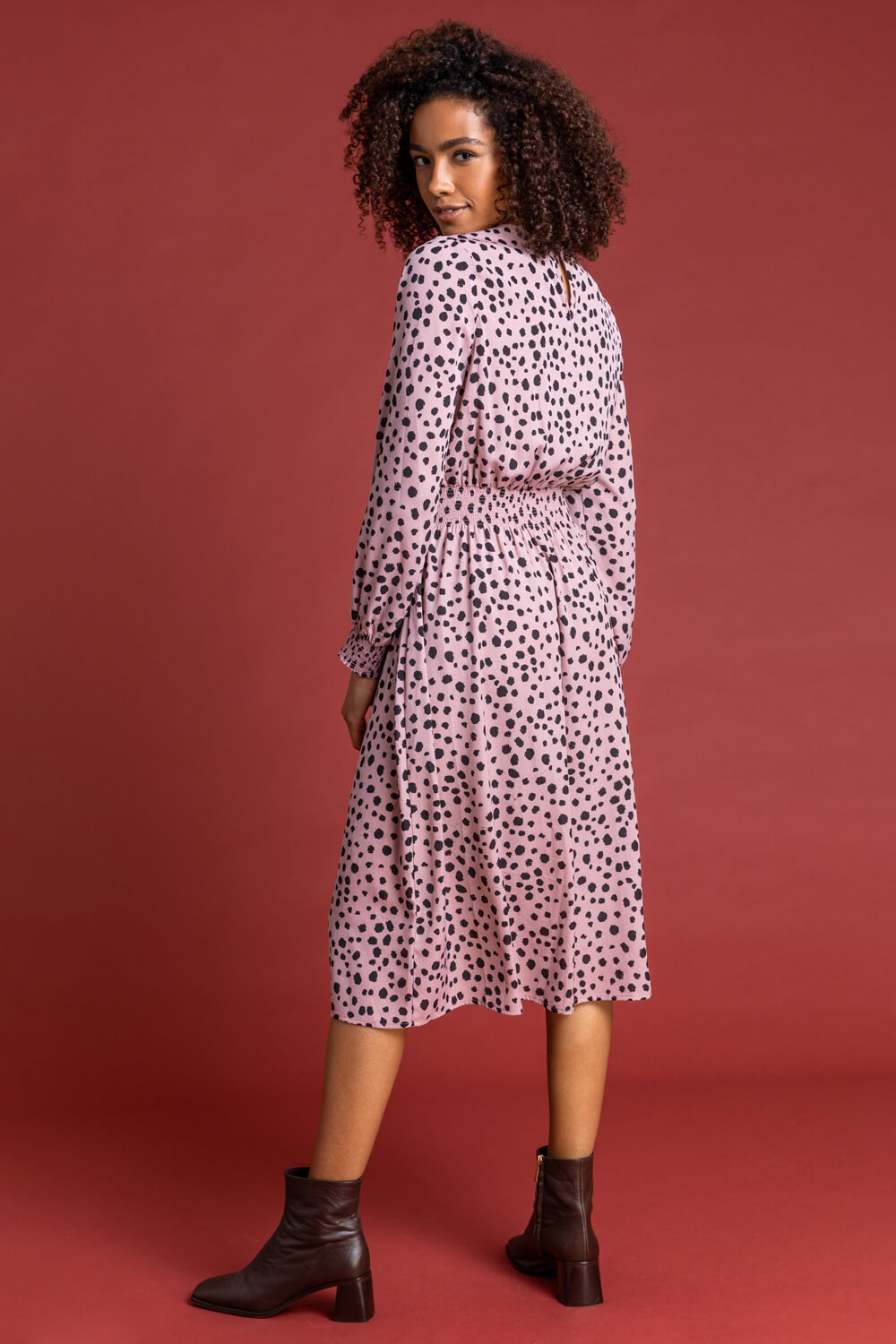 PINK Spot Print Shirred Waist Midi Dress, Image 2 of 5