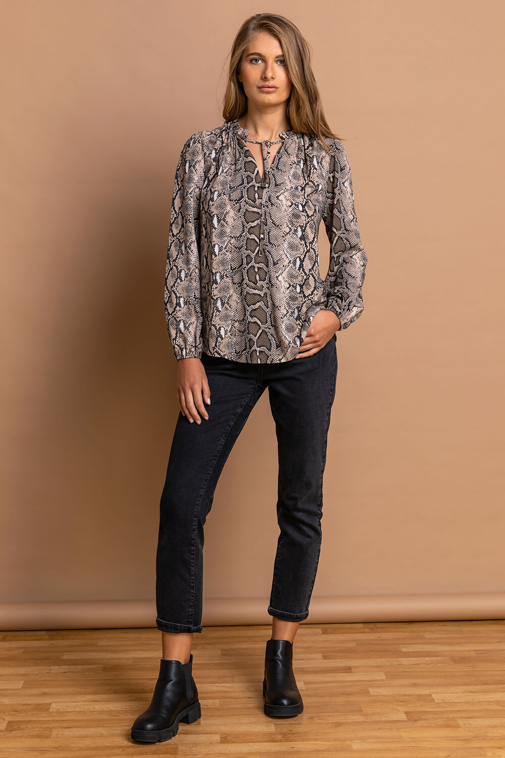 Neutral Snake Print Tie Neck Blouse, Image 3 of 5