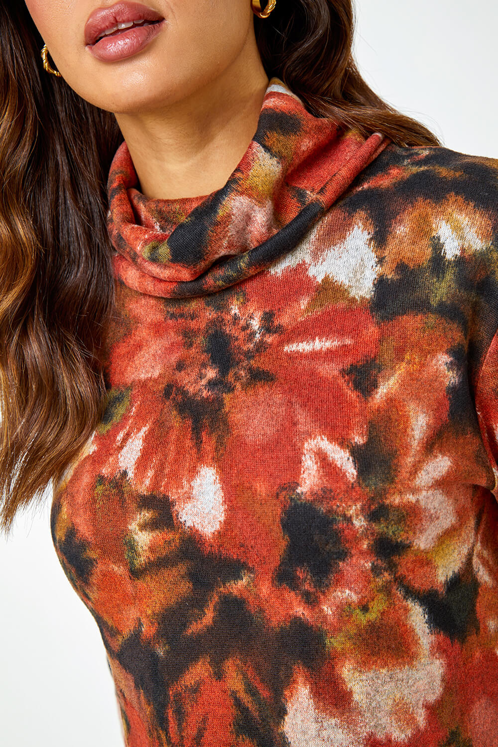 Rust Floral Tie Dye Print Tunic Stretch Dress, Image 5 of 5