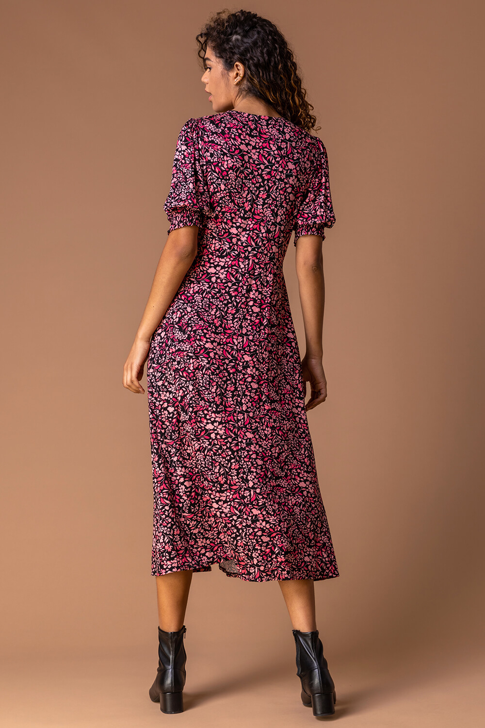 Rose Floral Print Puff Sleeve Midi Dress, Image 2 of 5