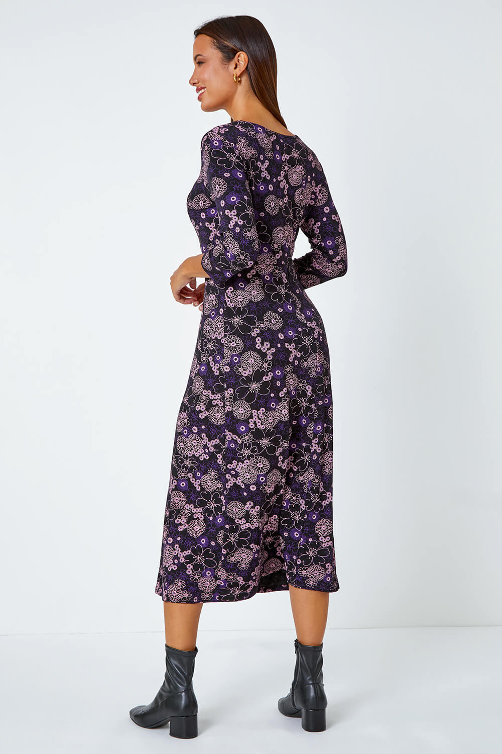 Purple Floral Print Ruched Midi Stretch Dress, Image 3 of 5