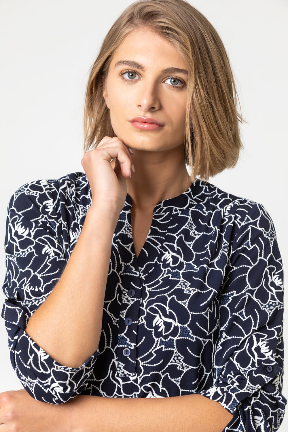 Navy  Linear Floral Puff Print Notch Neck Top, Image 4 of 4