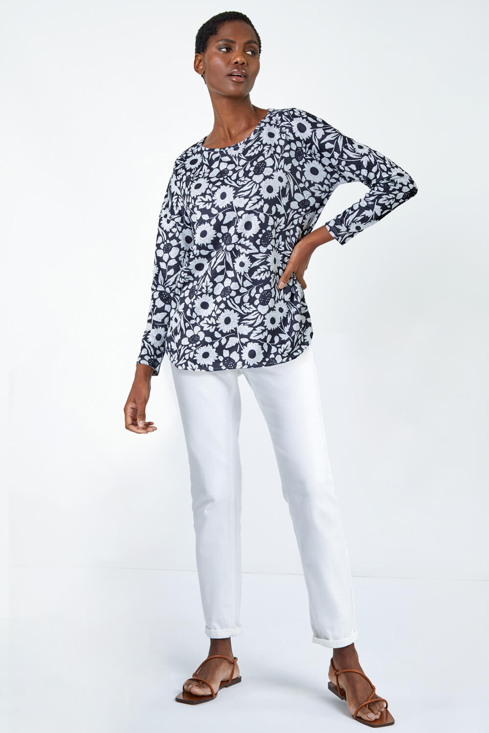 Grey Floral Print Stretch Top, Image 2 of 5