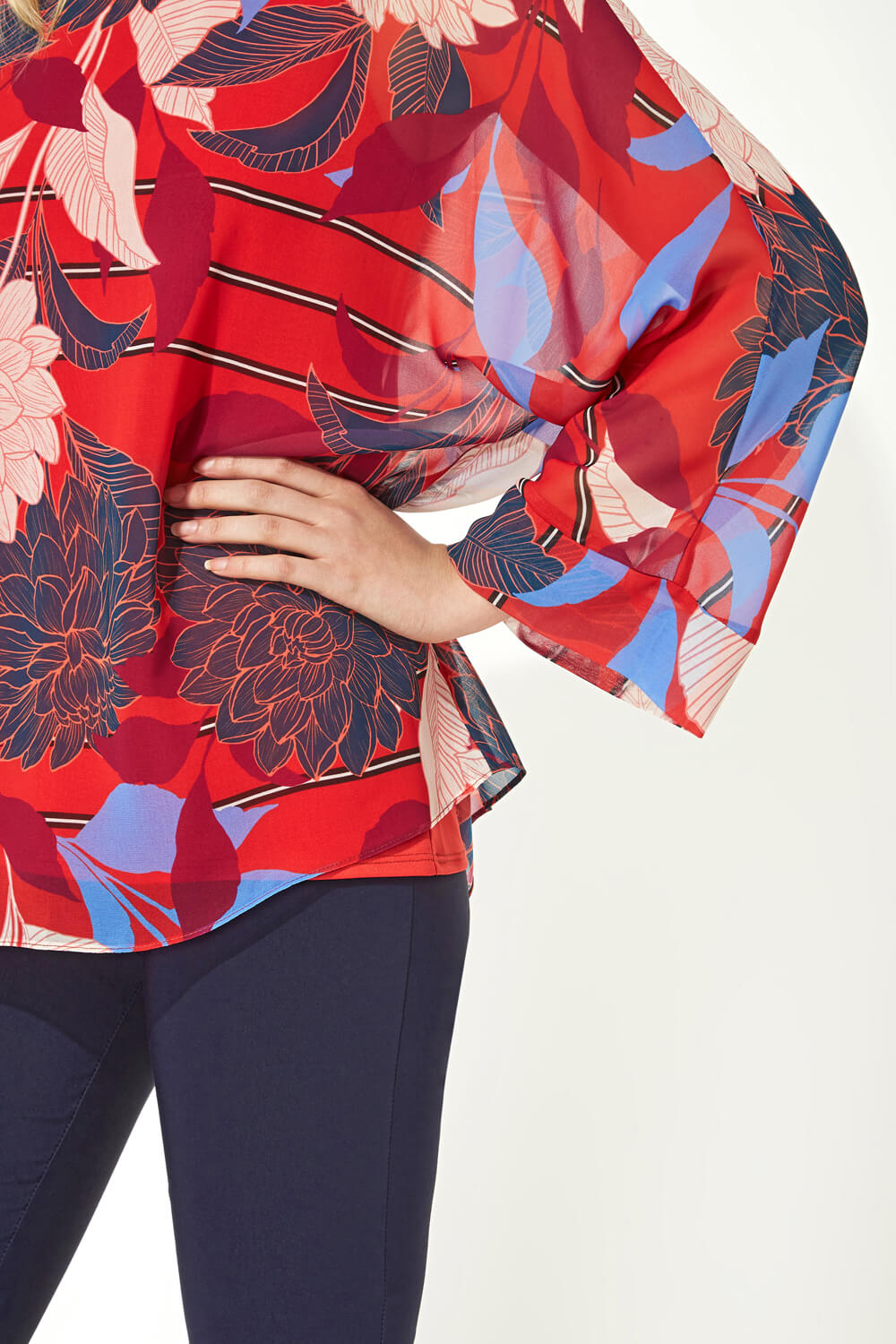 Red Floral Overlay Chiffon Top, Image 4 of 5