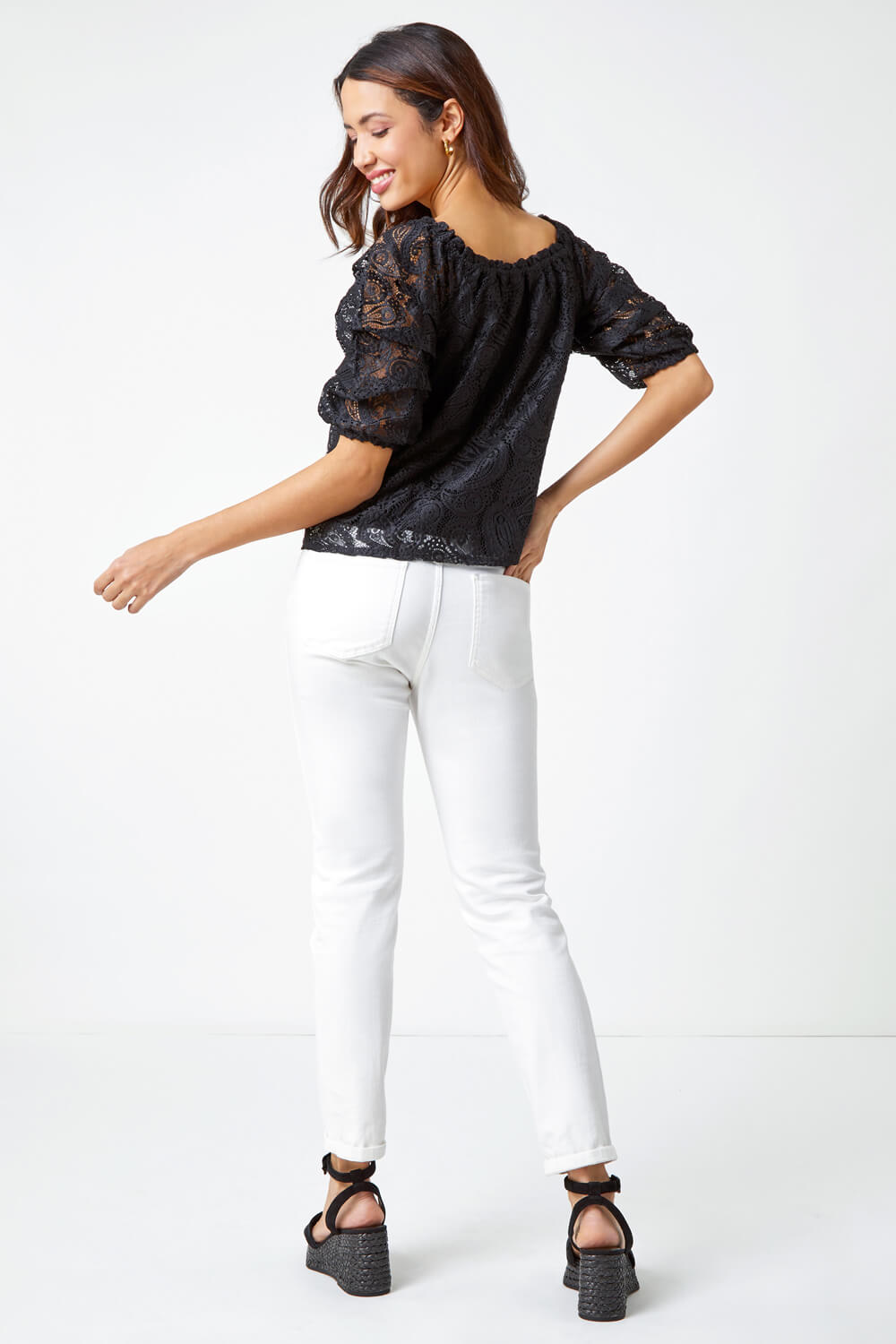 Black Paisley Lace Ruched Sleeve Bardot Top, Image 3 of 5