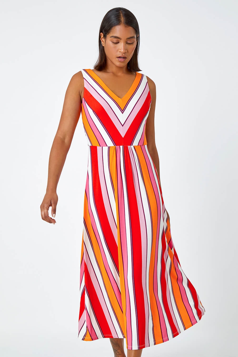 Red Sleeveless Stripe Print Midi Stretch Dress, Image 2 of 5