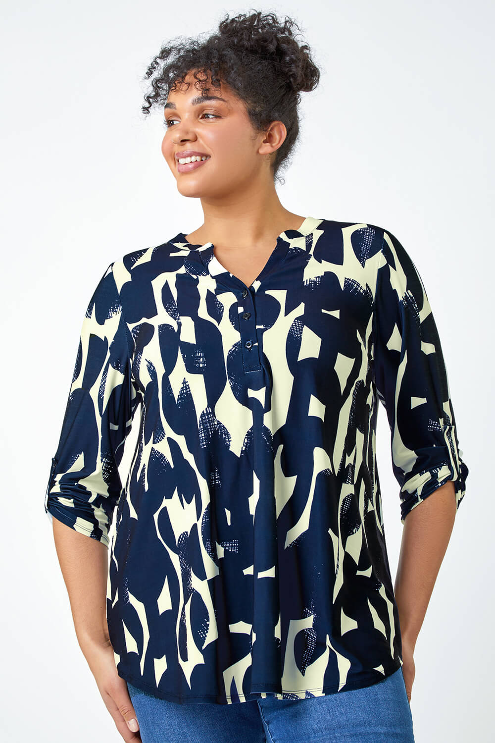 Navy  Curve Abstract Print Jersey Top, Image 2 of 5