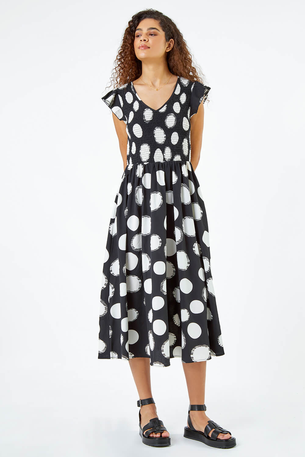 Black Polka Dot Shirred Stretch Midi Dress, Image 3 of 6