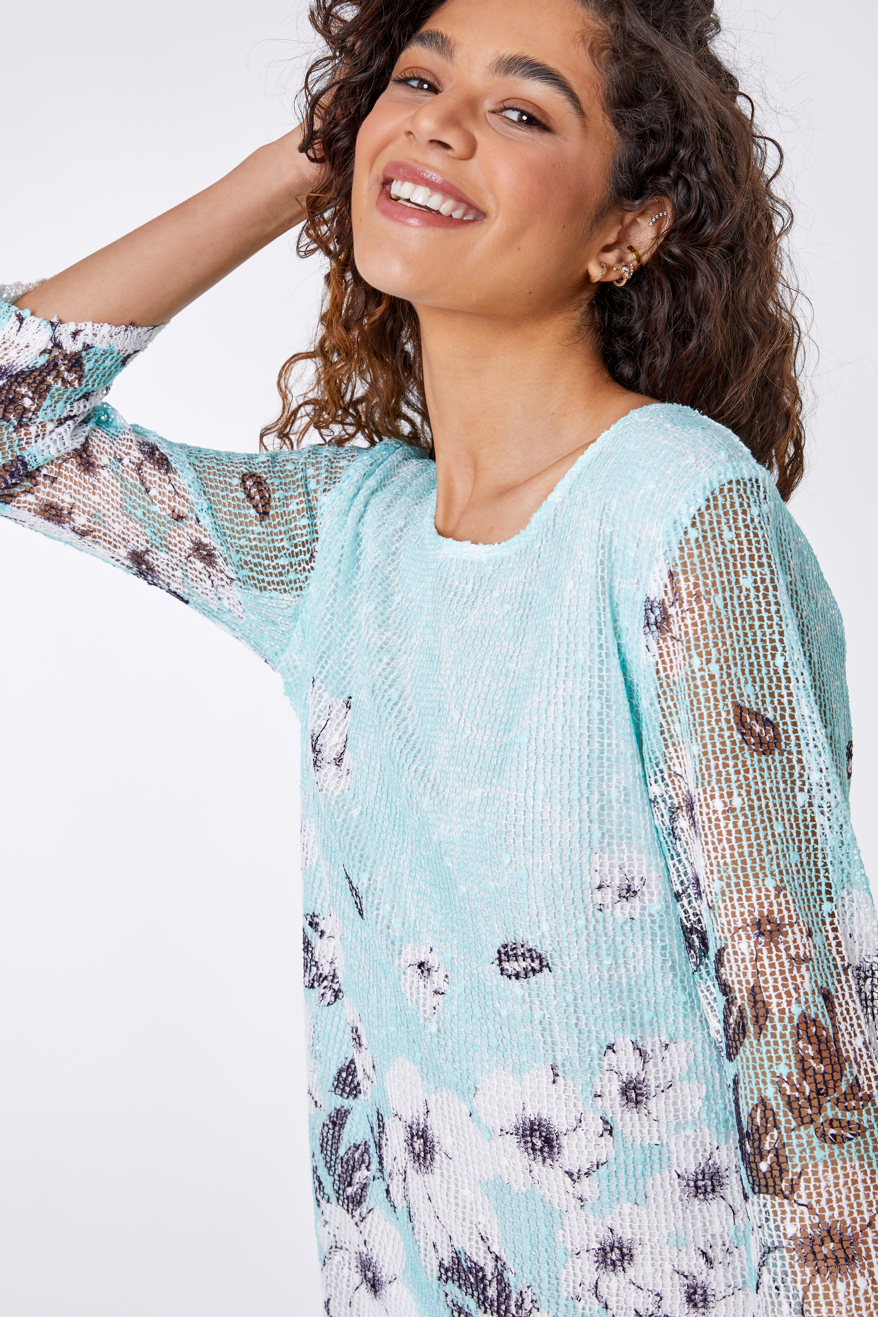 Mint Lace Trim Overlay Floral Print Top, Image 4 of 5