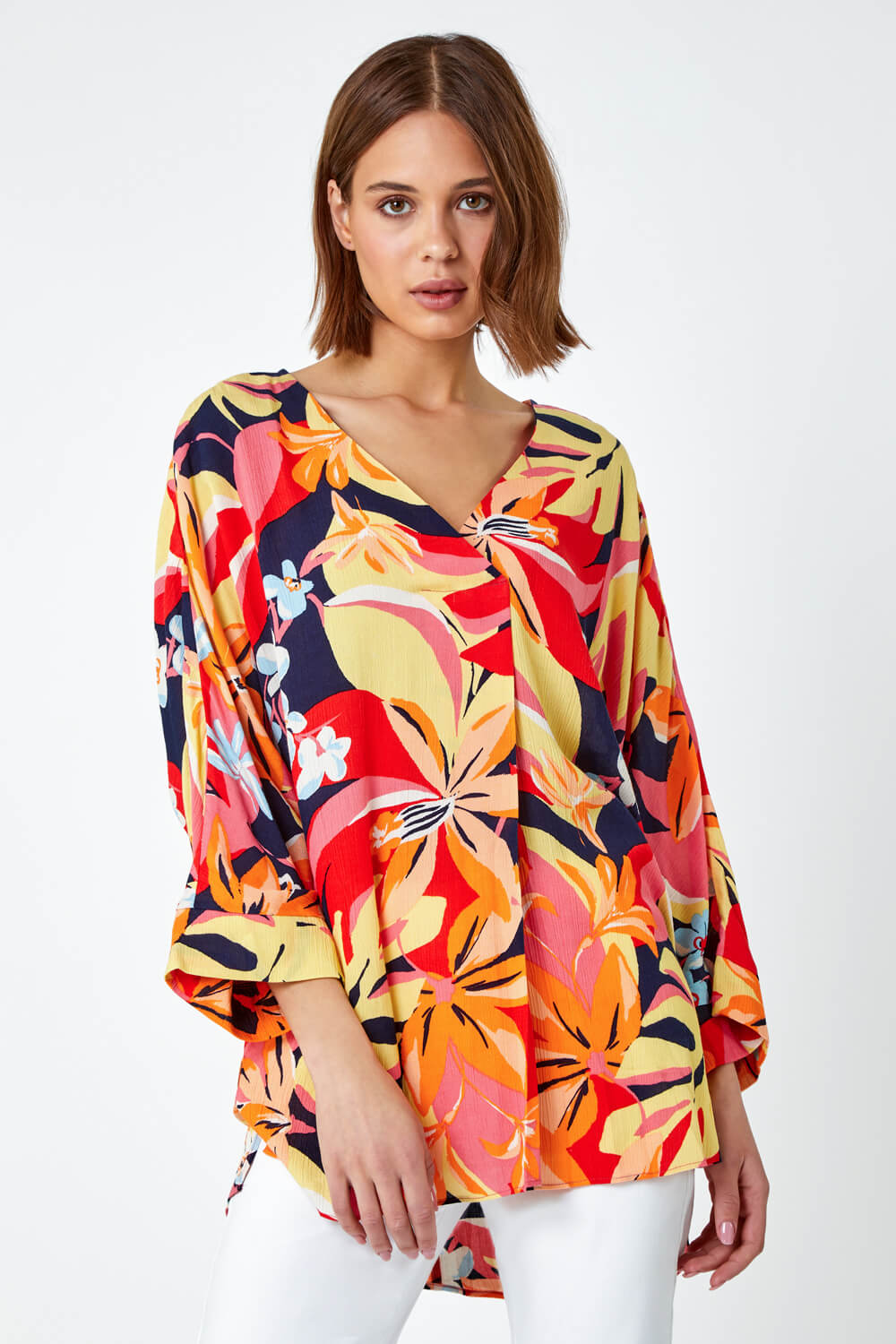 Orange Tropical Print Relaxed Kimono Top | Roman UK