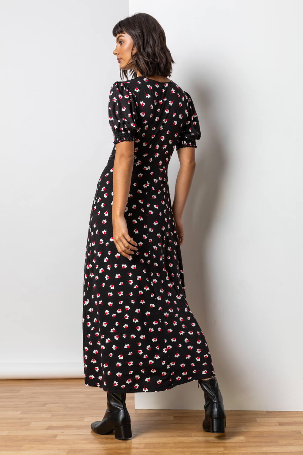 Red Lace Trim Floral Print Midi Dress, Image 2 of 5
