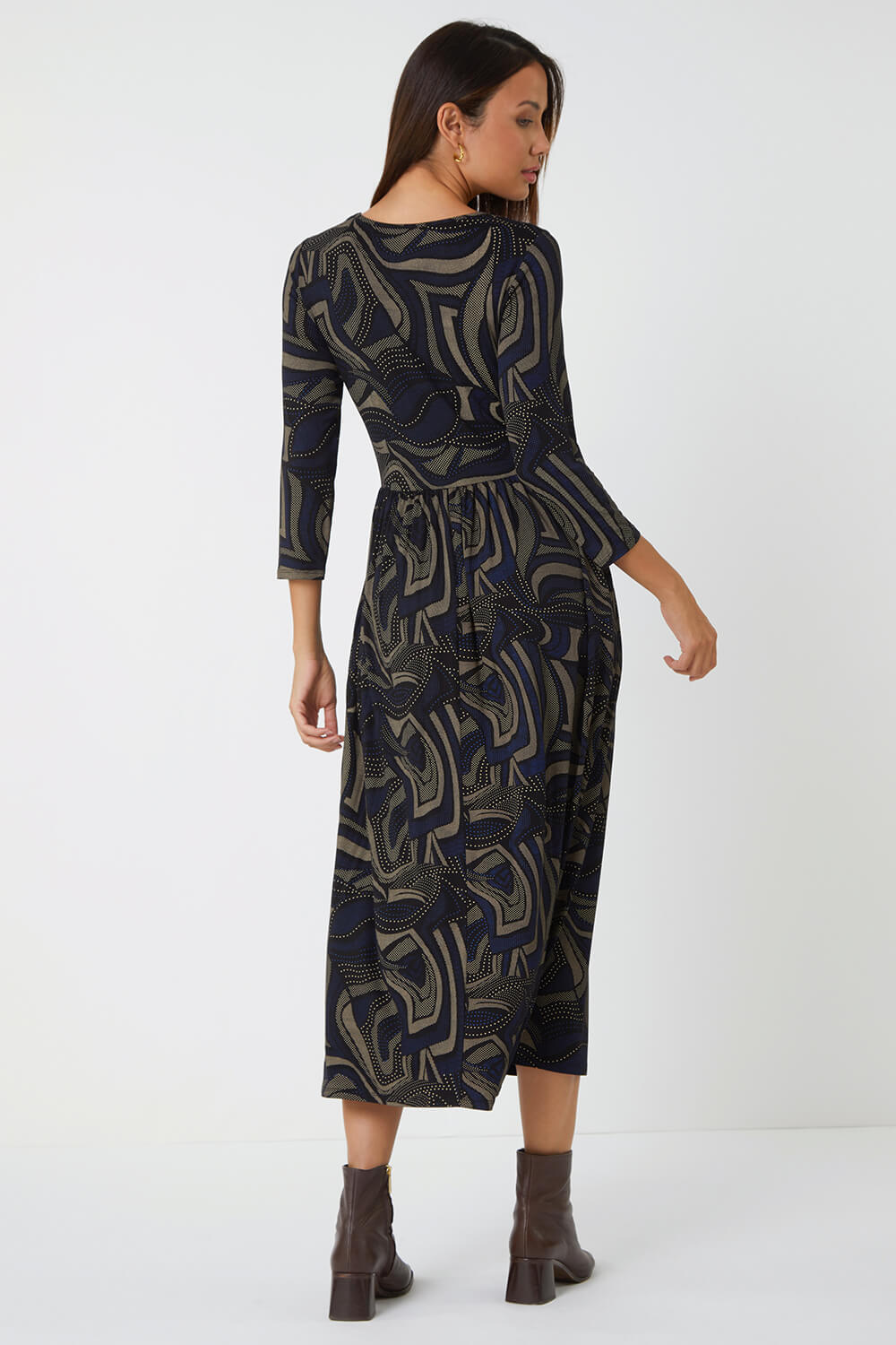 Taupe Abstract Pocket Detail Midi Stretch Dress, Image 3 of 5