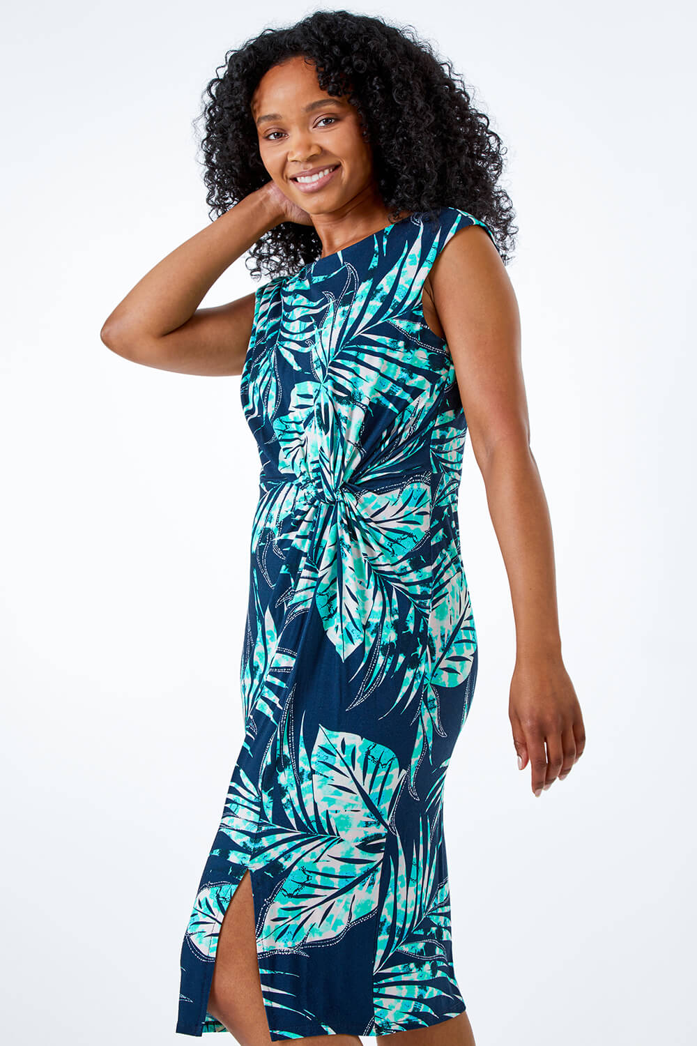 Blue Petite Tropical Twist Waist Ruched Dress, Image 3 of 5