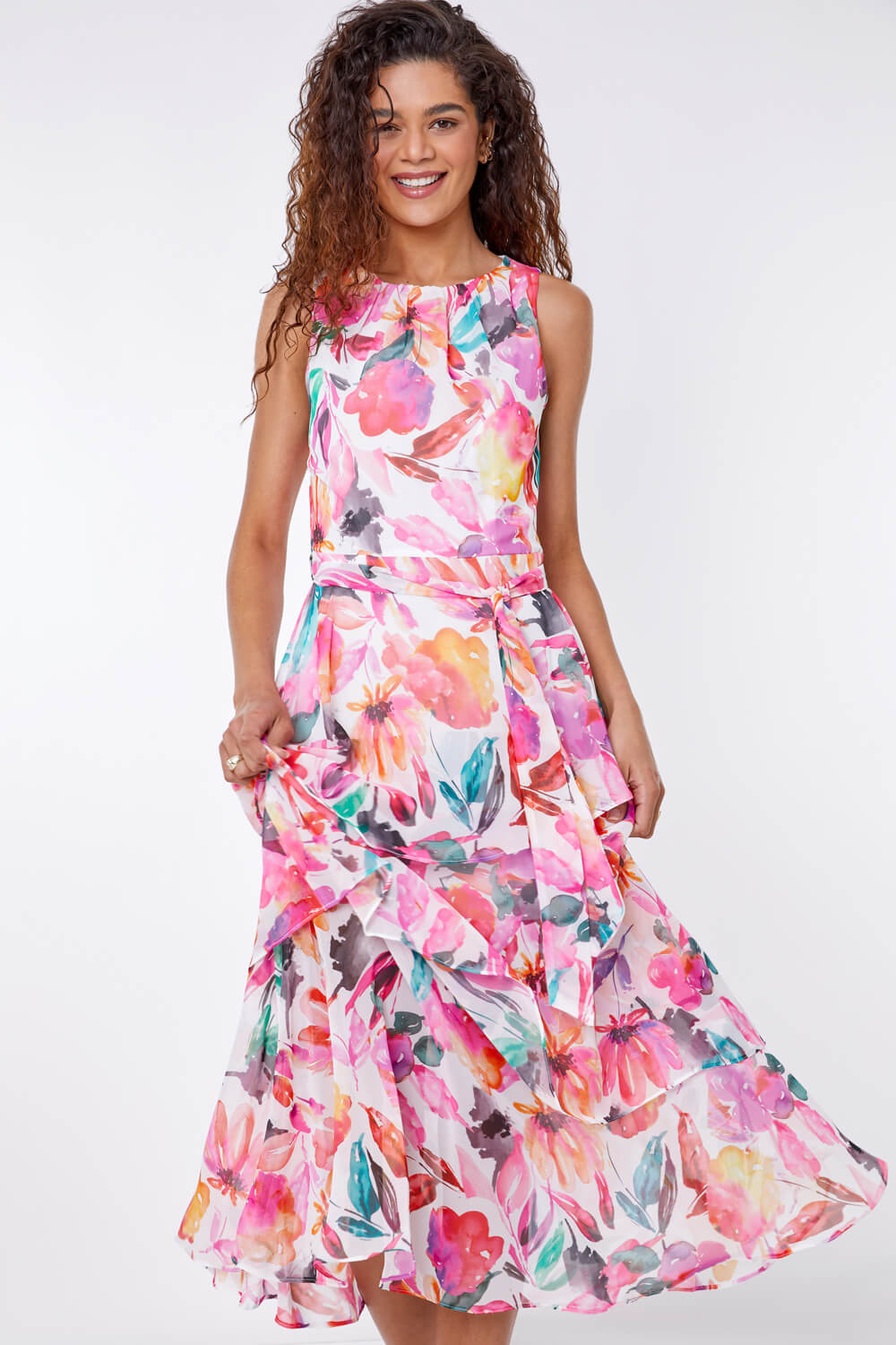 PINK Floral Print Frill Midi Dress, Image 4 of 5