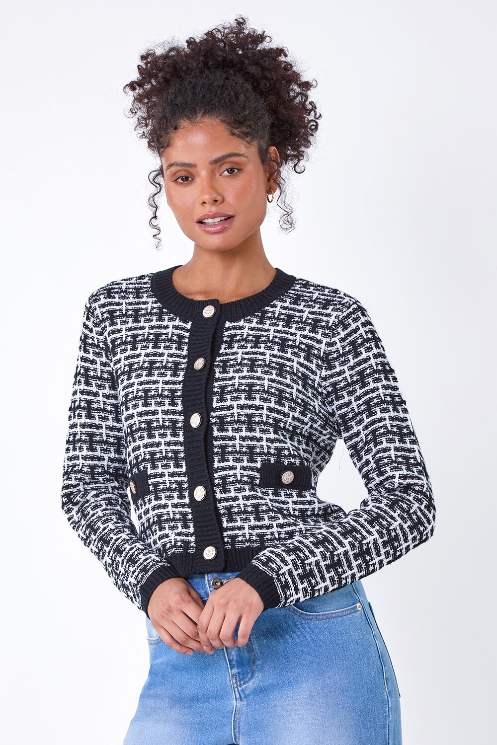 Black Boucle Knitted Contrast Cardigan, Image 4 of 7