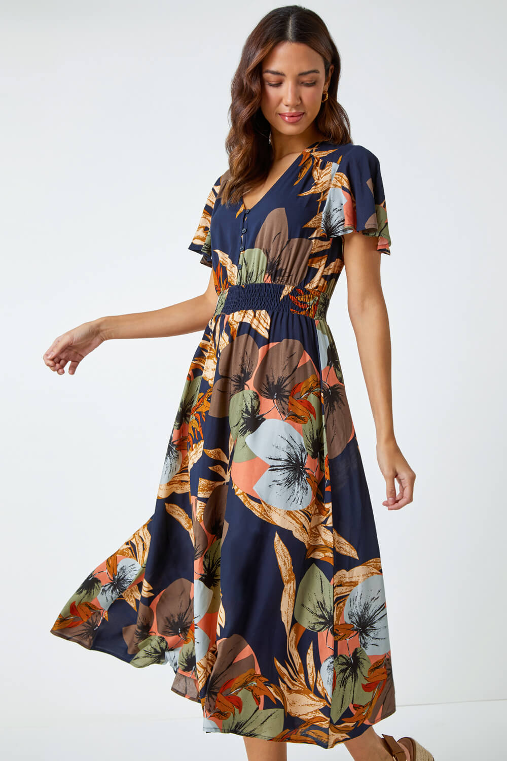 Navy Angel Sleeve Floral Print Midi Dress | Roman UK