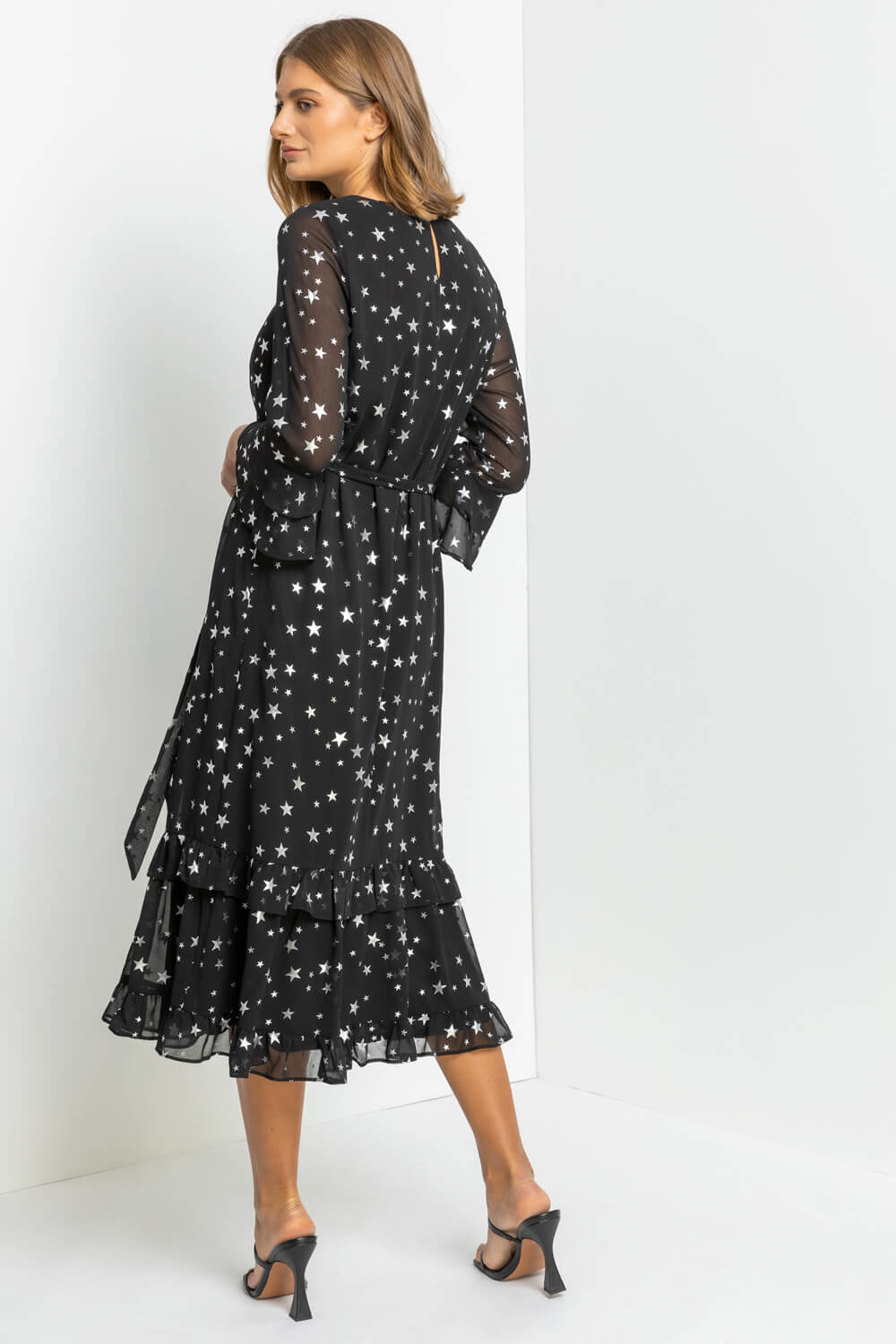 Black Star Foil Print Frill Dress, Image 2 of 5
