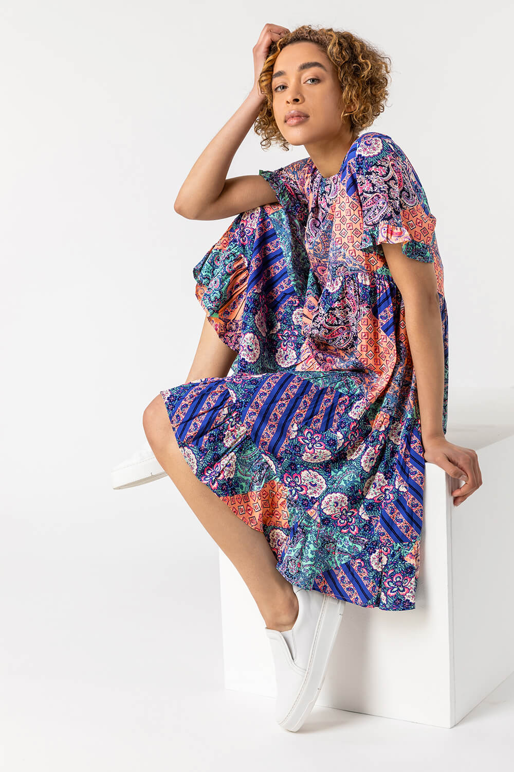Blue Paisley Patchwork Tiered Dress, Image 3 of 4
