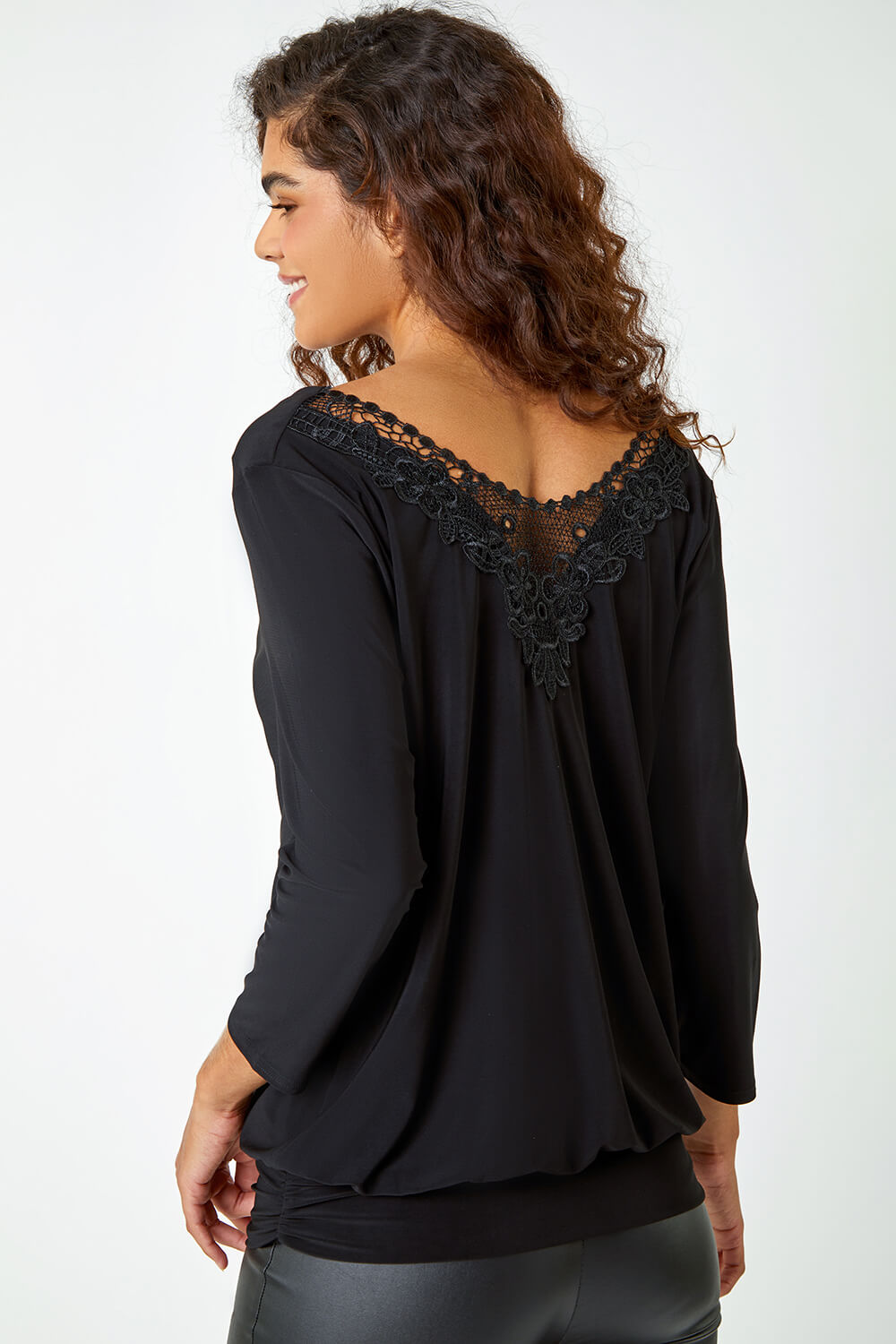 Black Lace Back Cowl Neck Stretch Top, Image 5 of 5