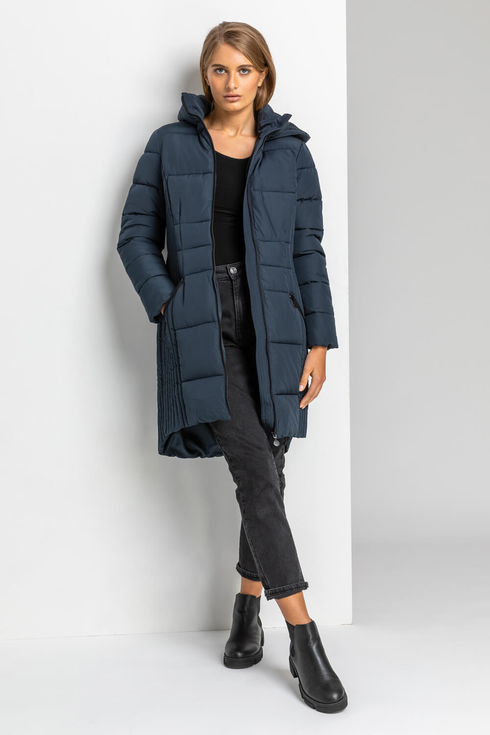 Navy  Quilted Longline Hooded Coat, Image 3 of 5