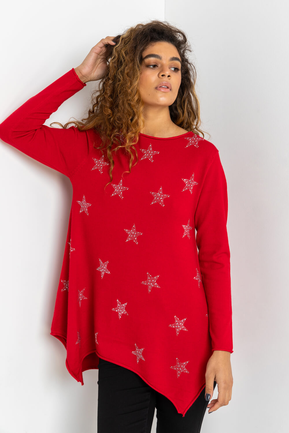 Red Star Print Knitted Tunic with Tassel Scarf, Image 4 of 4
