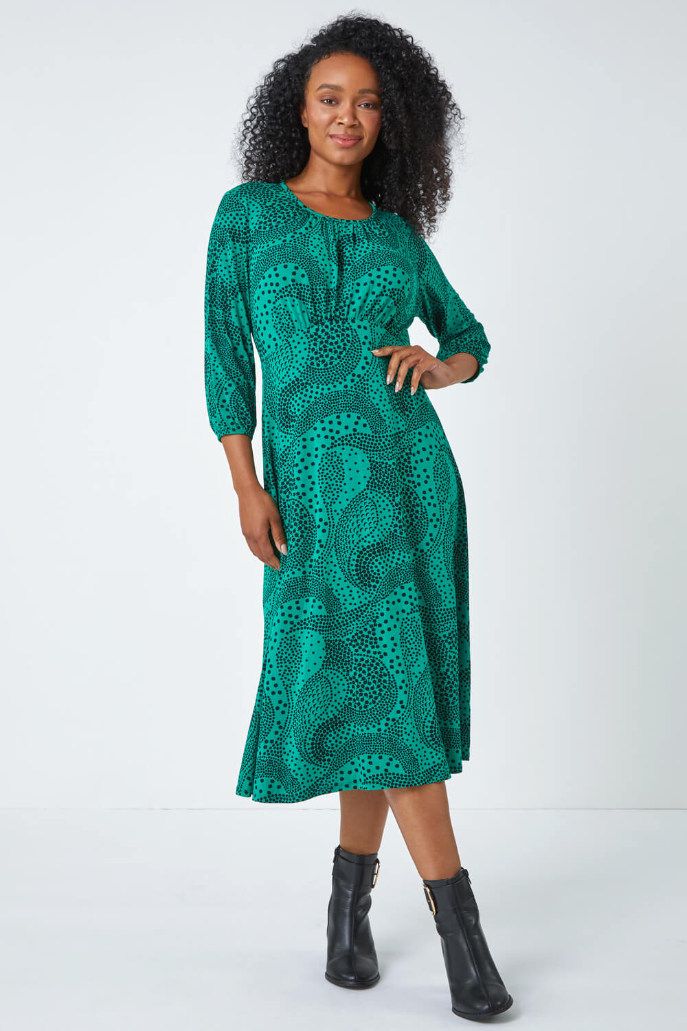 Green Petite Abstract Spot Stretch Midi Dress, Image 2 of 5