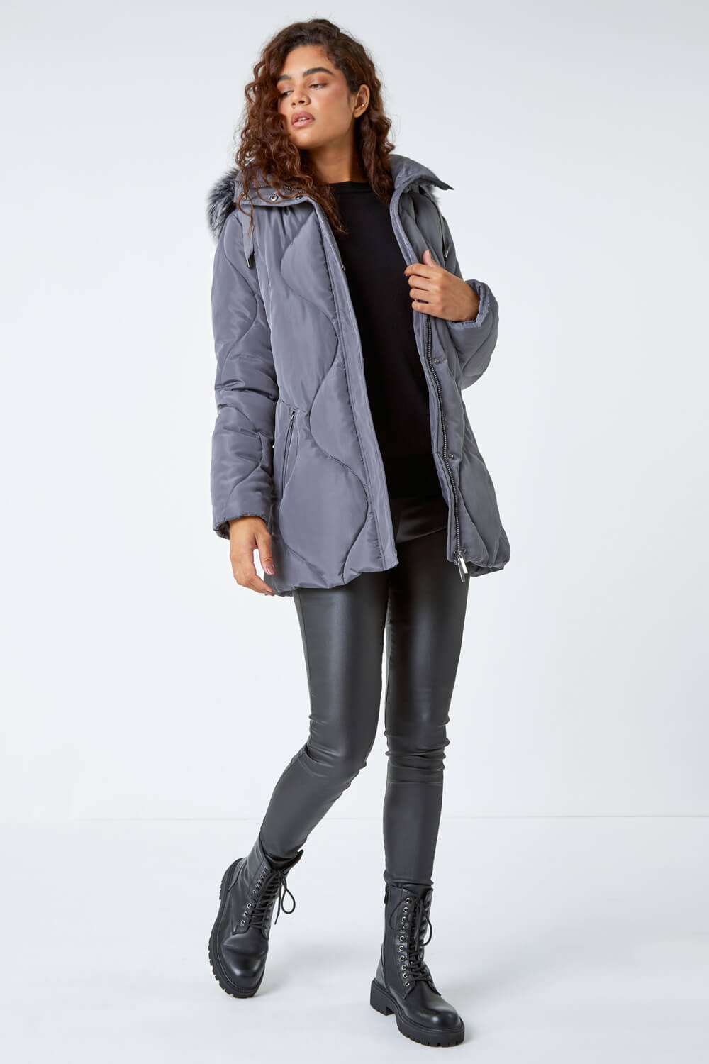 Grey Quilted Faux Fur Hooded Coat, Image 1 of 5