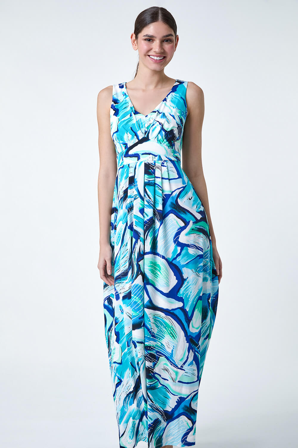 Turquoise Abstract Print V Neck Maxi Dress, Image 3 of 5