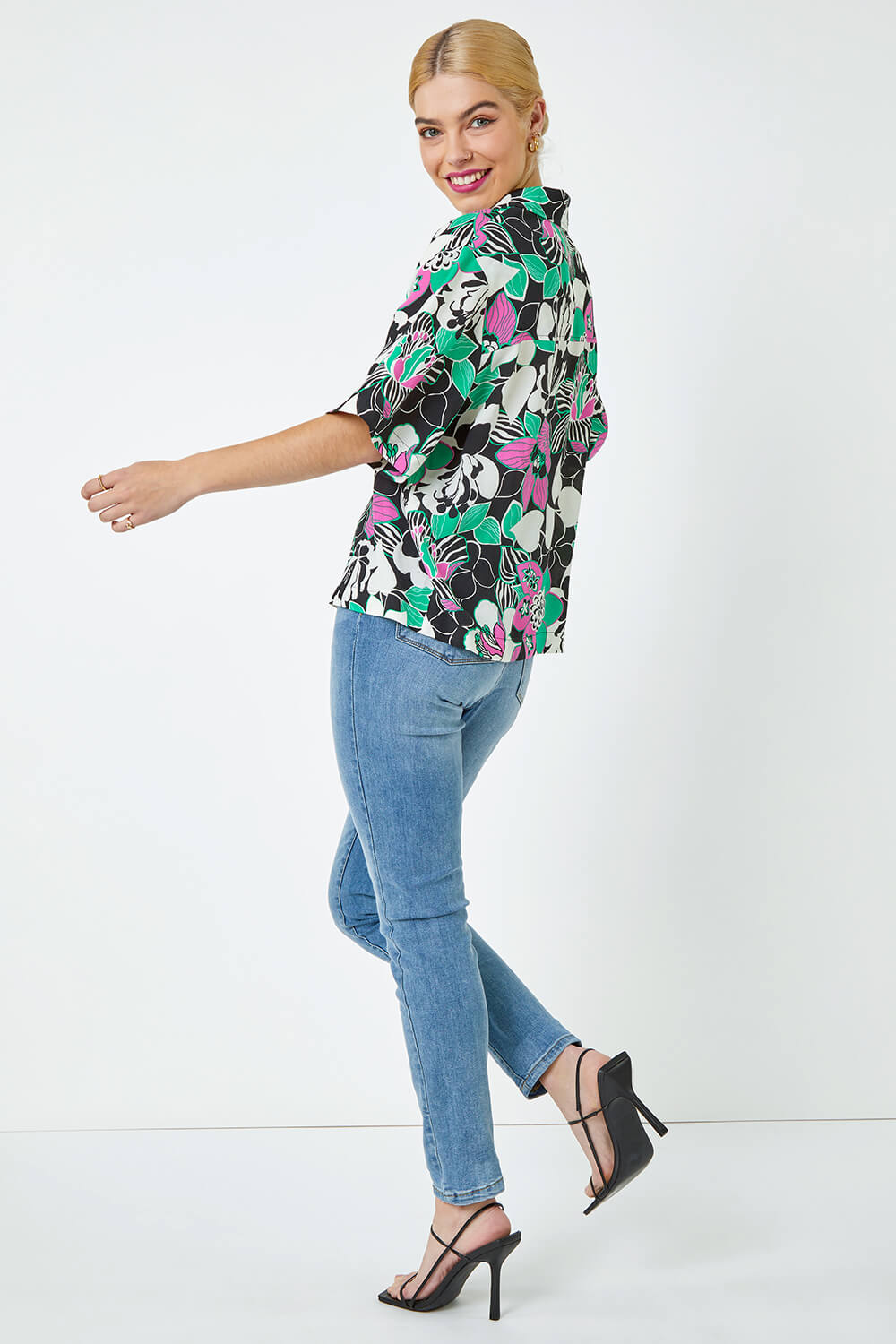 Black Relaxed Floral Print Shirt, Image 3 of 6