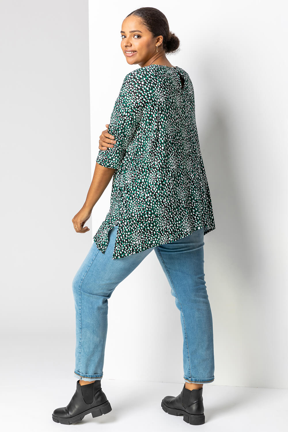 Green Curve Abstract Spot Print Tunic Top, Image 2 of 4