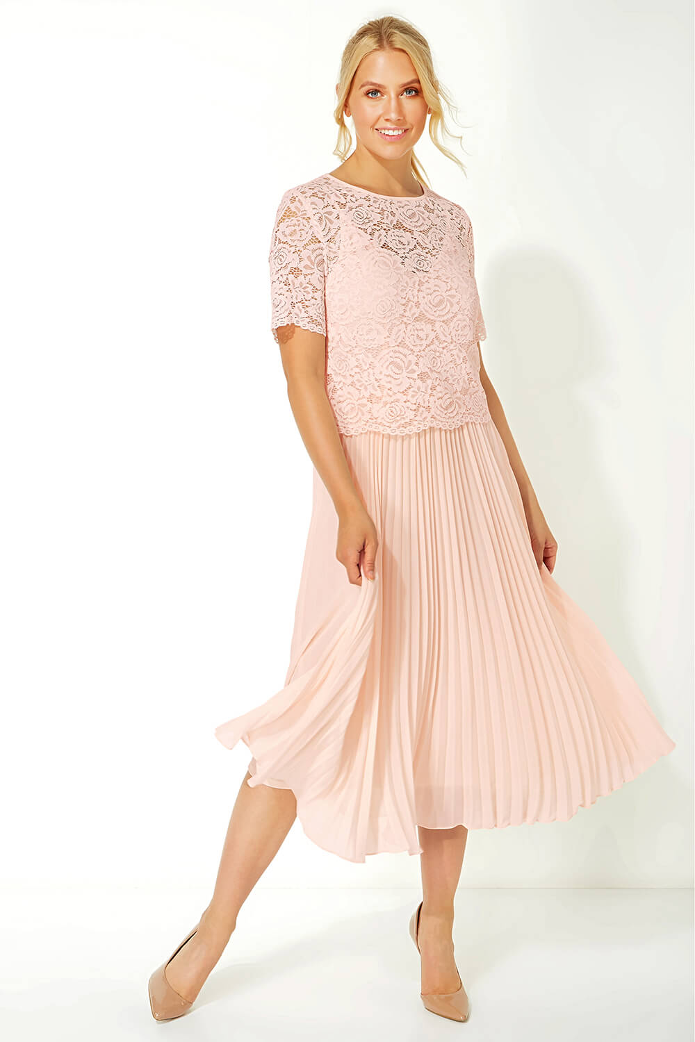 Lace Top Overlay Pleated Midi Dress in Light Pink - Roman Originals UK