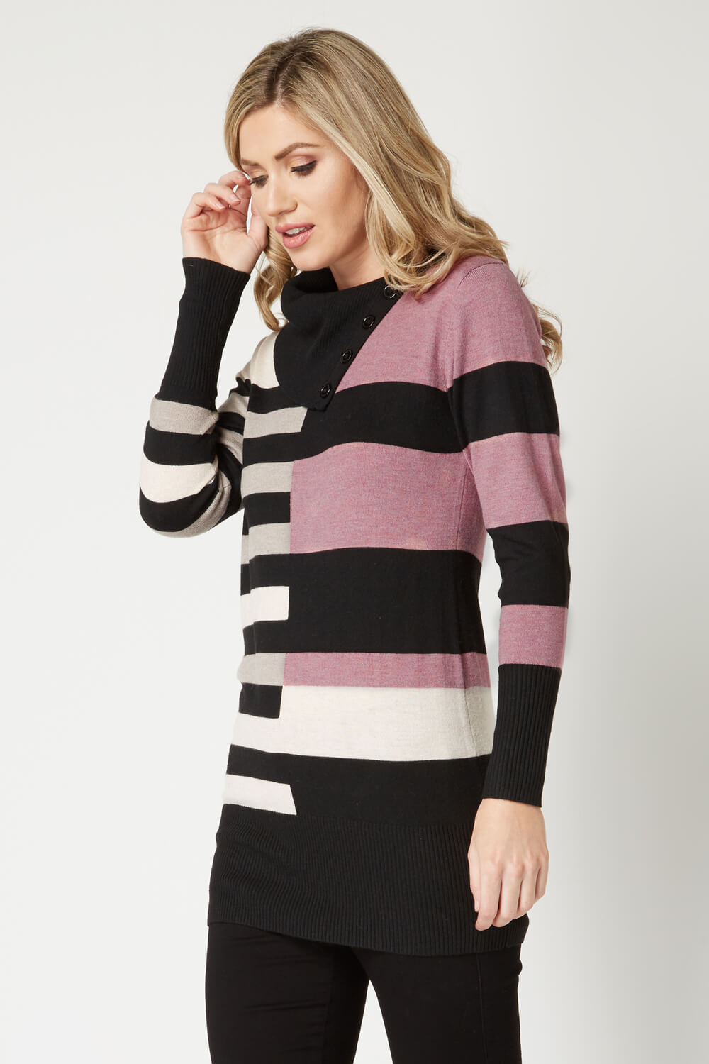 Stripe Button Detail Tunic Jumper in Pink - Roman Originals UK