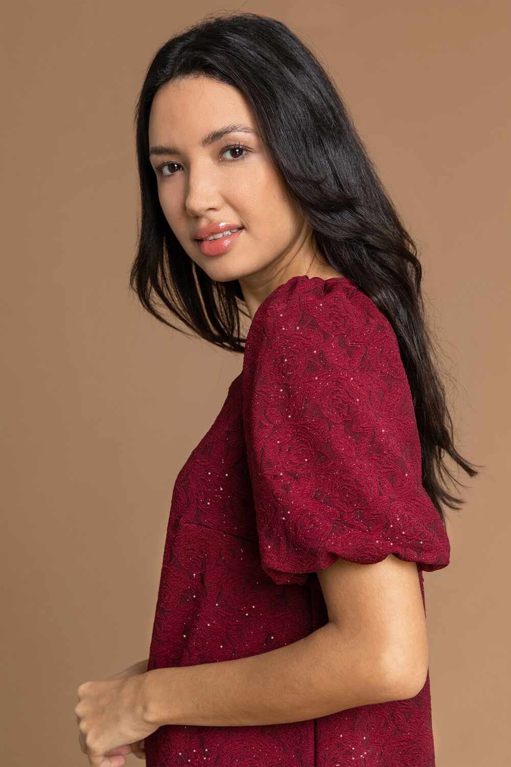 Red Floral Jacquard Puff Sleeve Top, Image 4 of 5