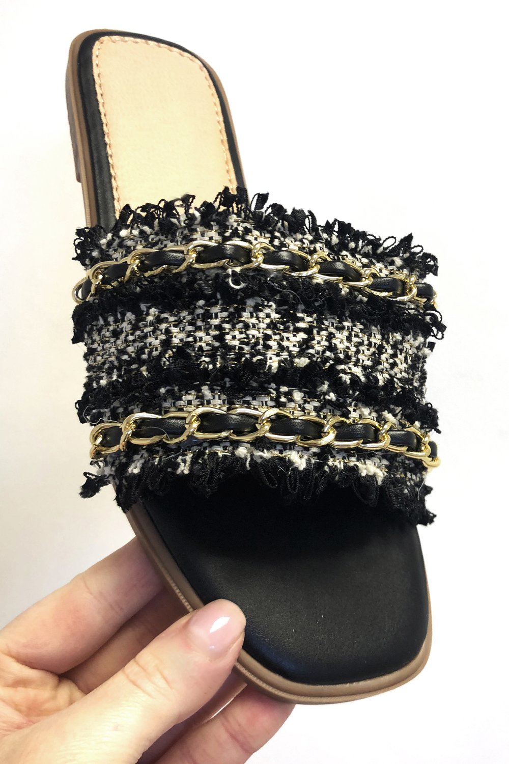 Black Woven Gold Detail Slider Sandals, Image 3 of 6