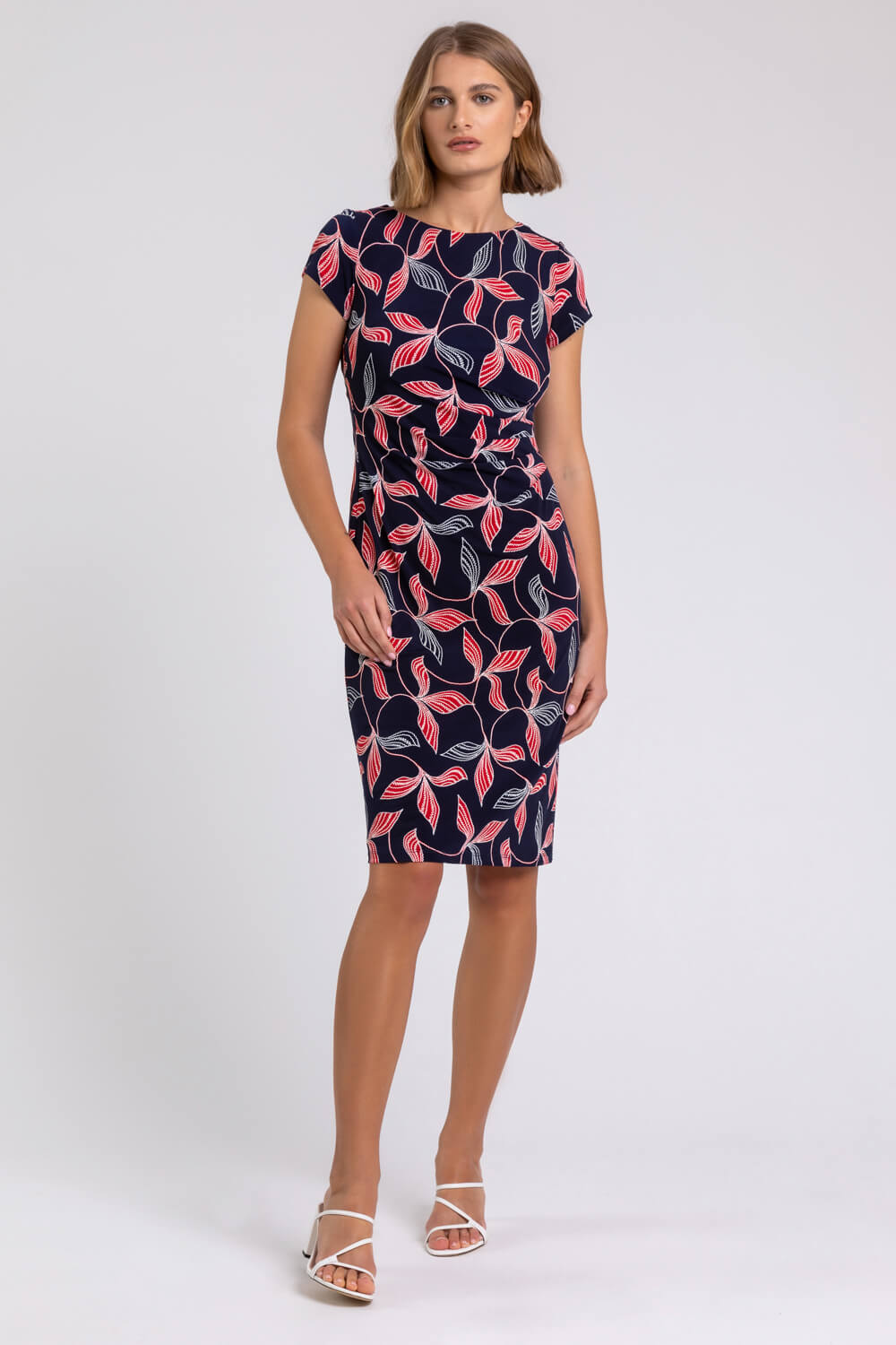 Navy  Floral Print Stretch Ruched Dress, Image 3 of 4