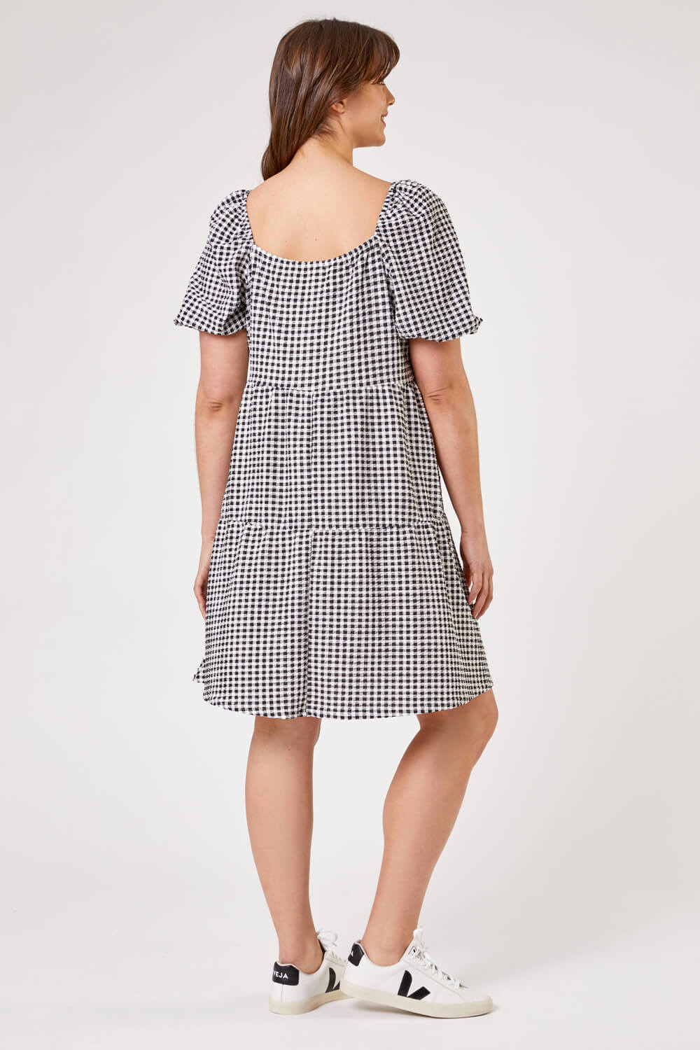 Black Curve Gingham Print Tiered Dress, Image 2 of 5