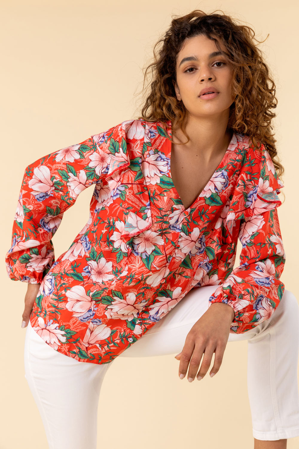CORAL Floral Paisley Print Frill Sleeve Top, Image 5 of 5