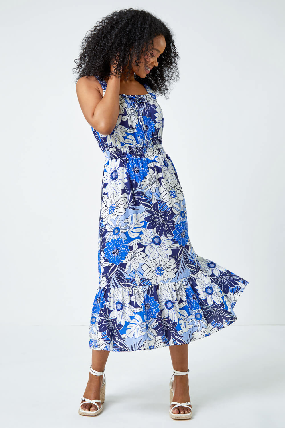Blue Petite Floral Print Tiered Sundress, Image 2 of 5