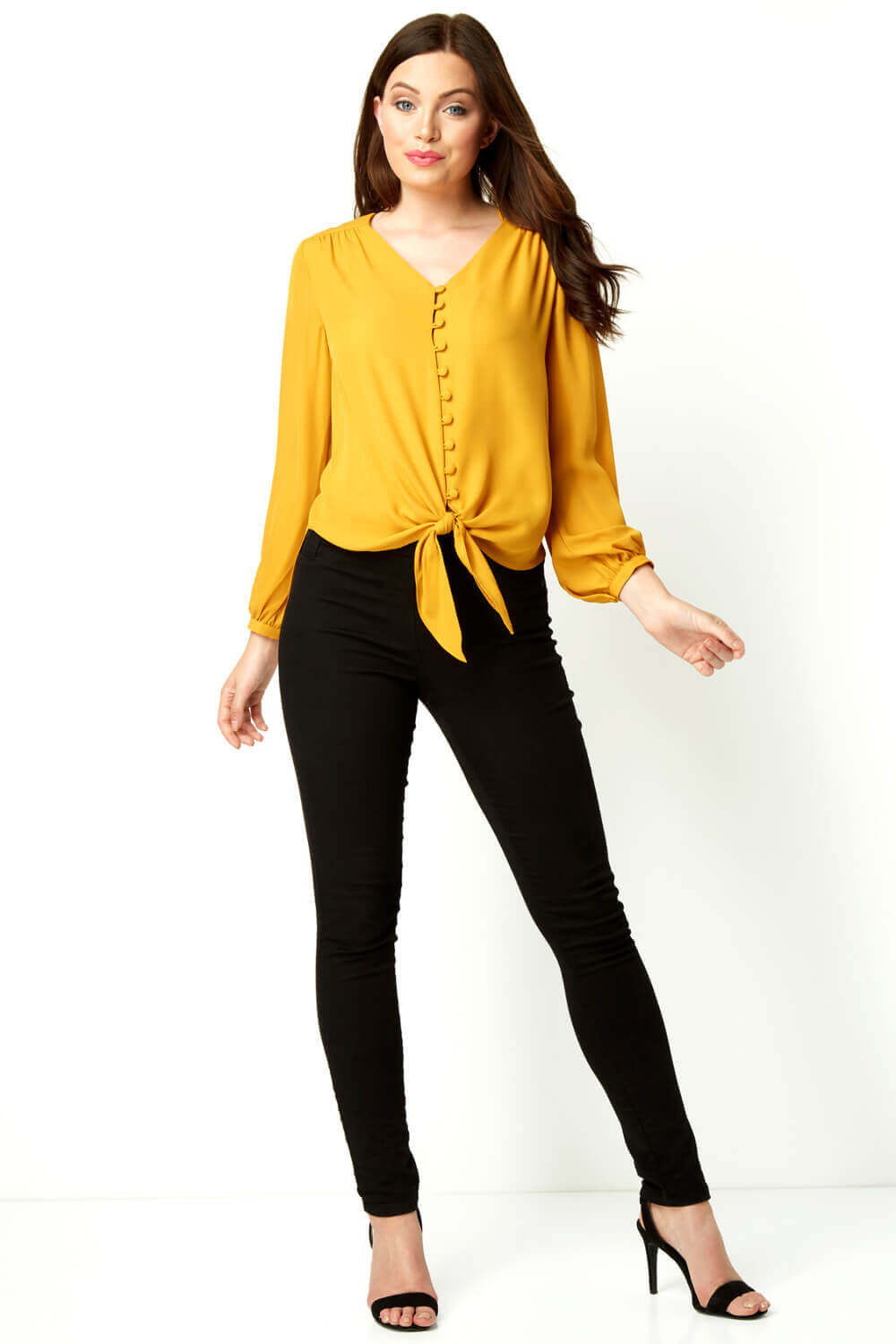 Mustard Button Tie Front Blouse, Image 2 of 4