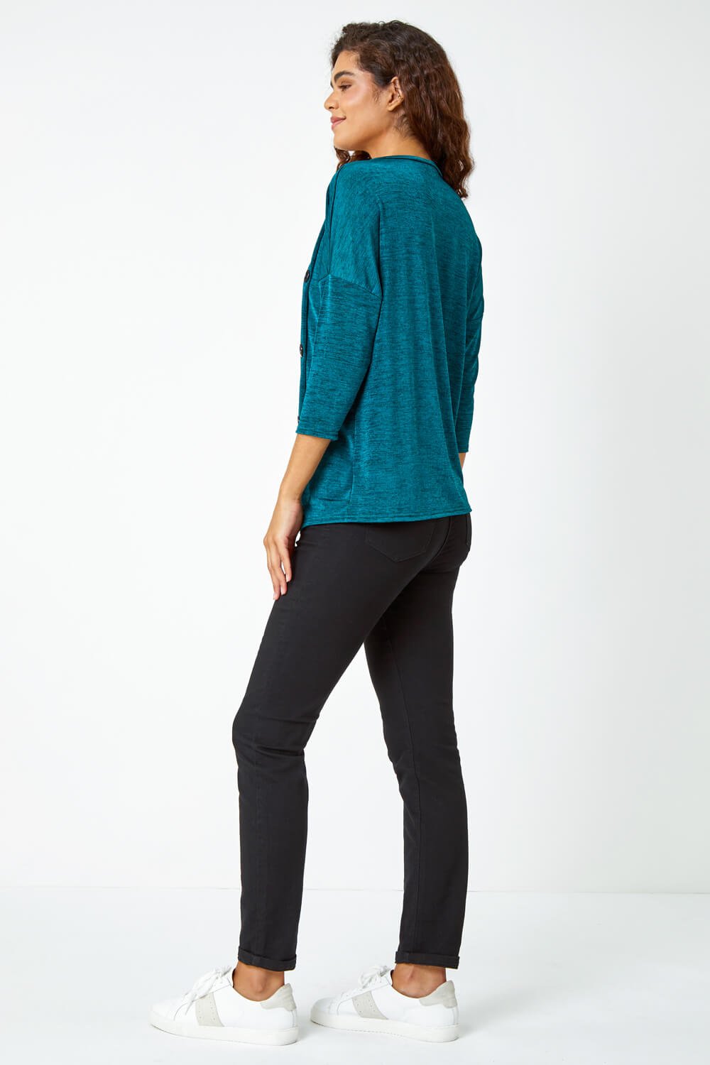 Teal Button Detail Marl Stretch Top, Image 3 of 5