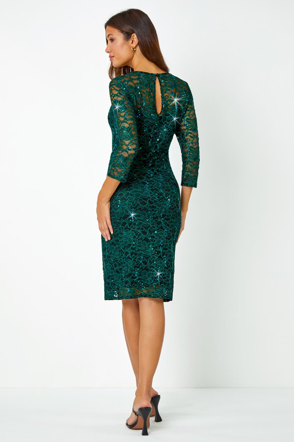 Green Sequin Lace Ruched Stretch Dress | Roman UK