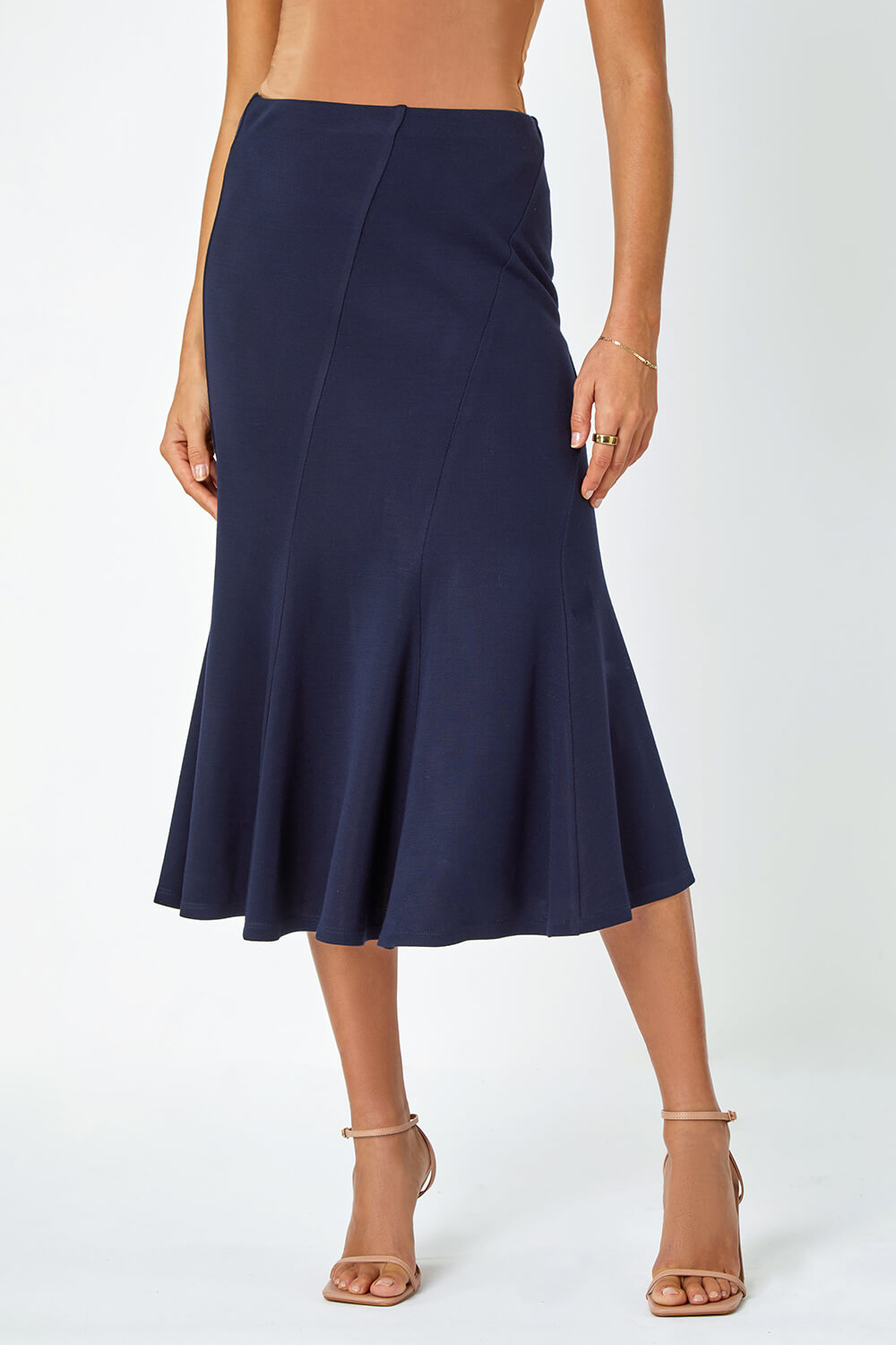 Midnight Blue Panelled Flared Midi Stretch Skirt , Image 4 of 5