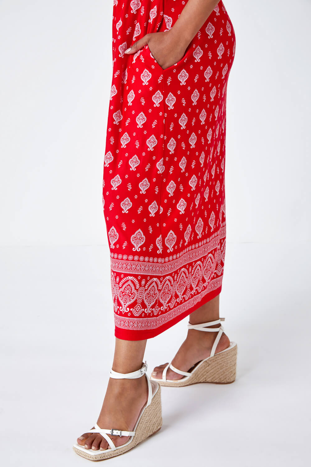 Red Petite Border Print Stretch Midi Dress, Image 5 of 5