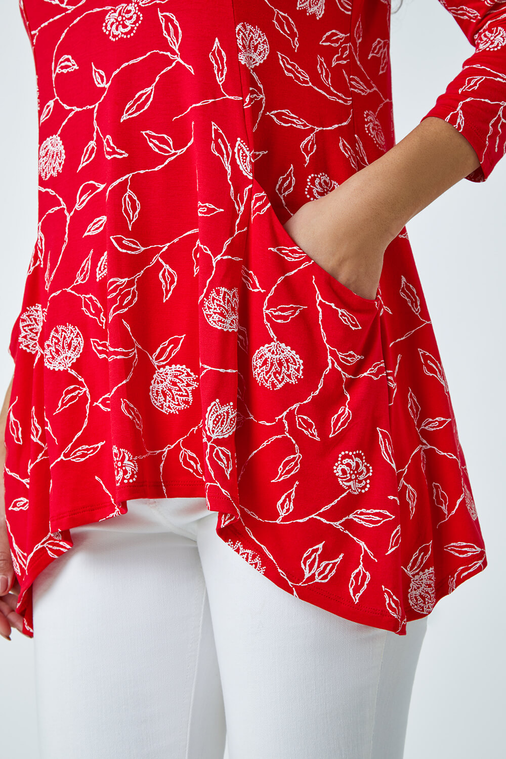 Red Floral Print Swing Stretch Top, Image 5 of 5
