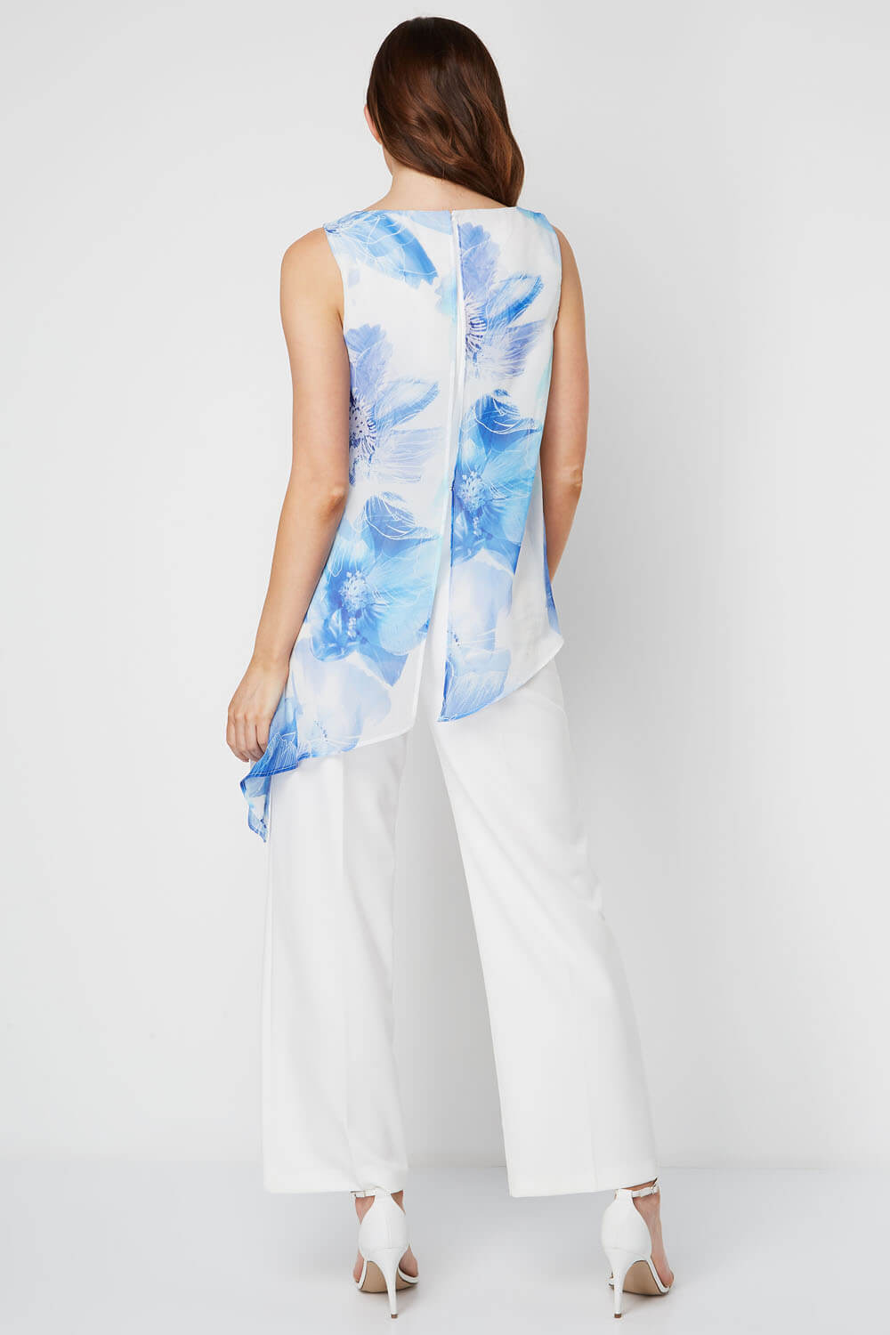 Royal Blue Floral Chiffon Overlay Jumpsuit, Image 2 of 4