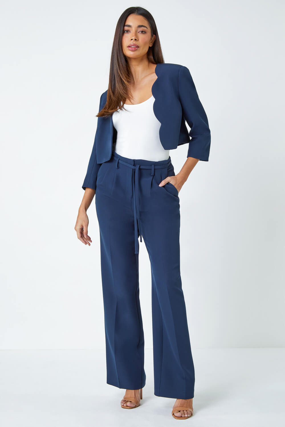 Navy  Crepe Stretch Straight Leg Trousers, Image 6 of 6